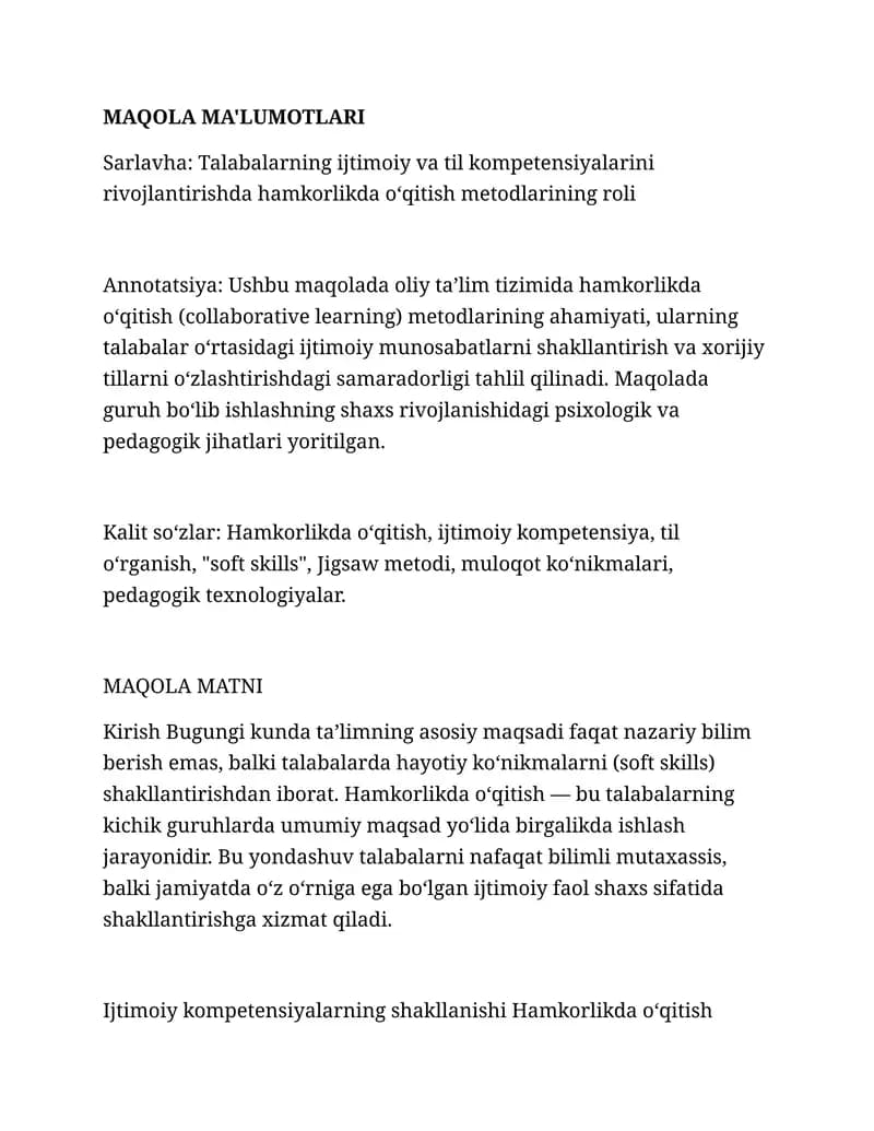 Tallabalarningijtimoiy va til kompitatsiyalari rivojlantirishda hamkorlikda o'qitish metodlari roli