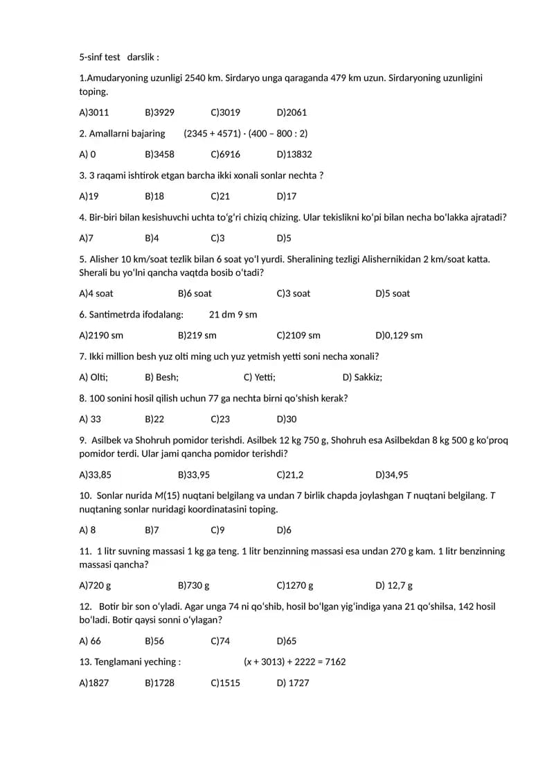 5-sinf darslikdan namuna test