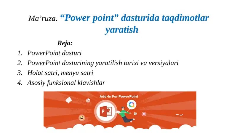 Microsoft PowerPoint, taqdimotlar yaratish va ularni shoqilishga mo‘ljallan'gan dastur bo‘lib, Power