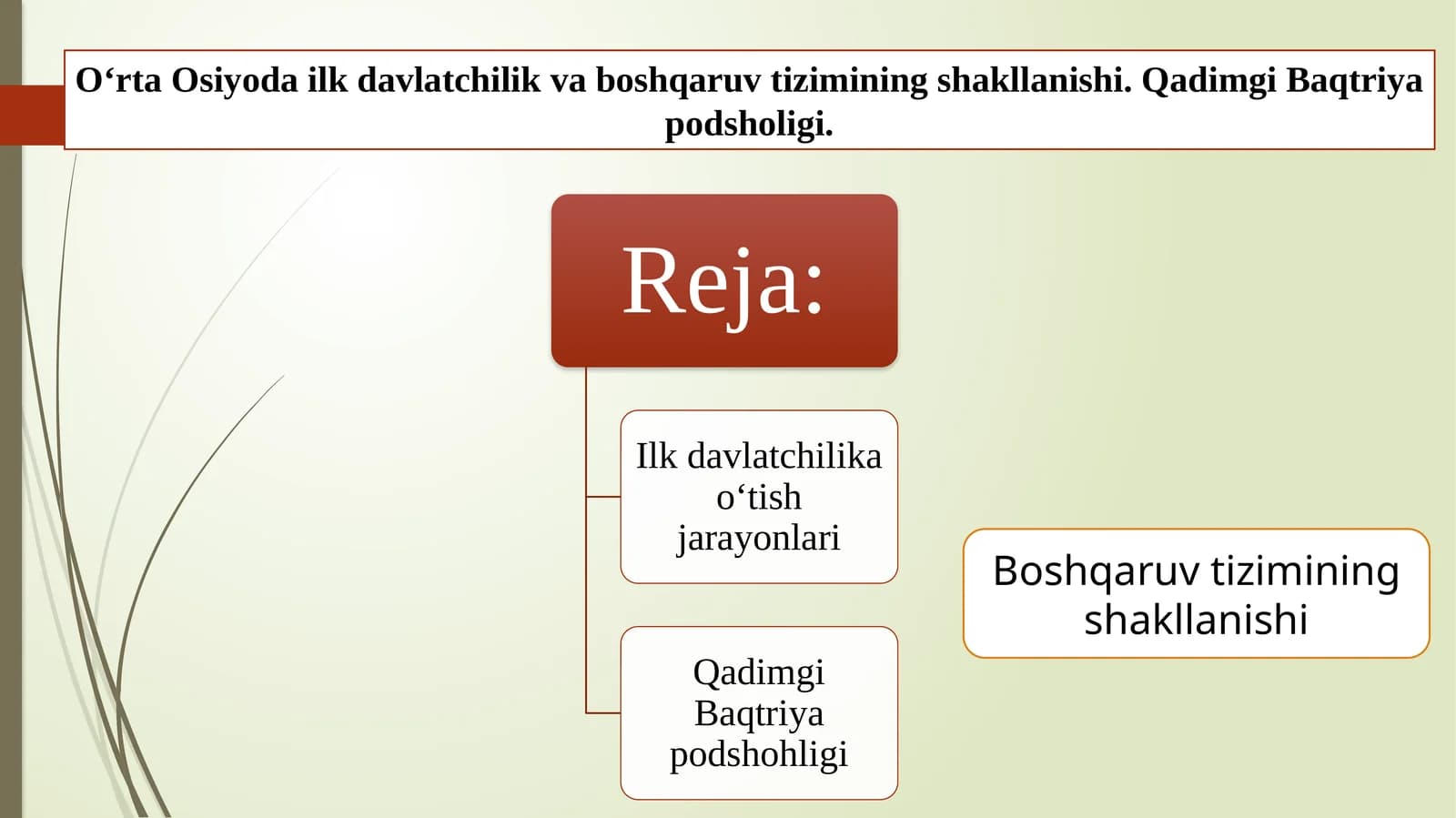 O'rta Osiyoda ilk dalatchilik va boshqaruv shakilari. Baqtirya podshoxligi.