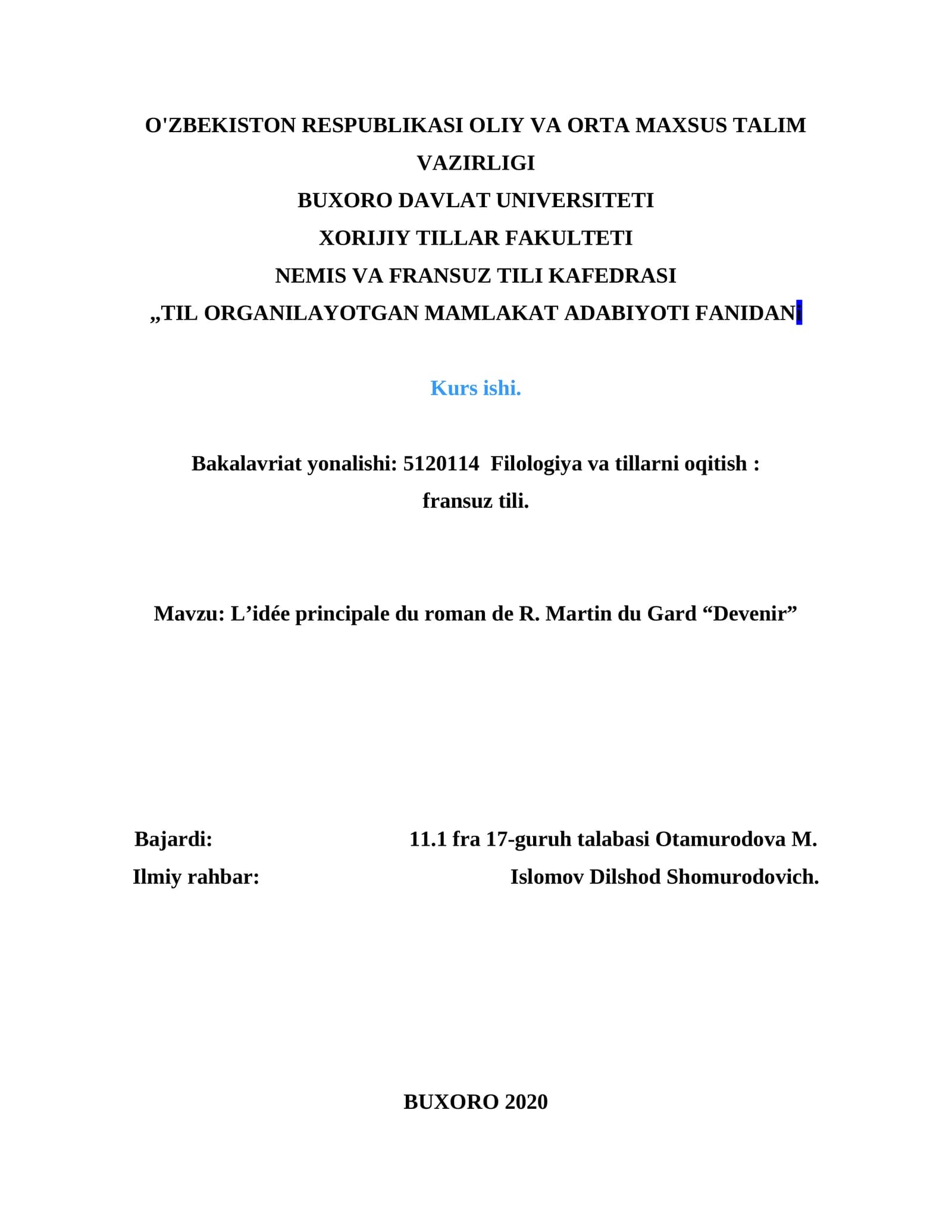 L’idée principale du roman de R. Martin du Gard “Devenir”