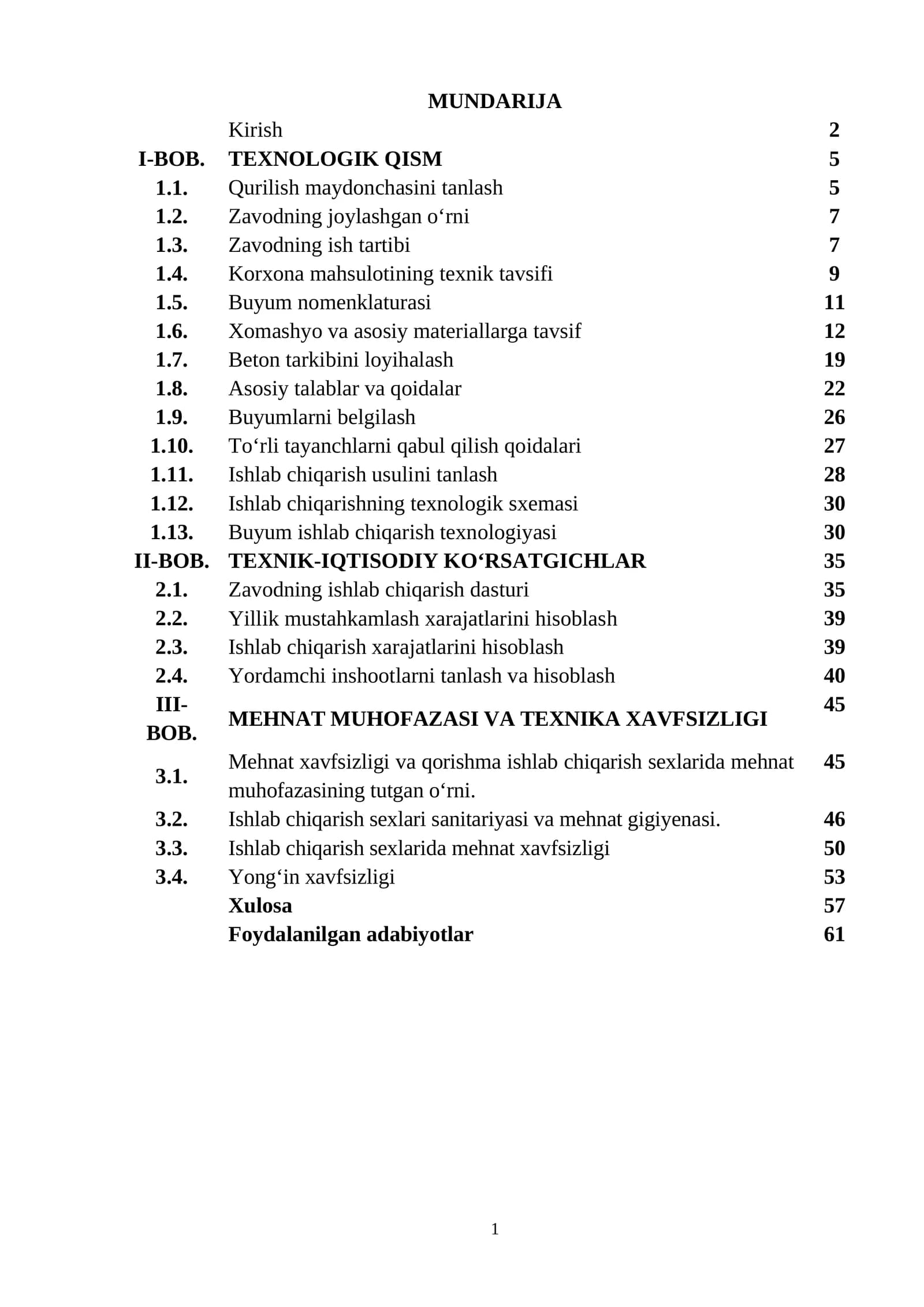 Mahsuldorligi 36500m3/yil bo’lgan ikki nishabli temir-beton to’sinlar ishlab chiqarish korxonasini loyihalash