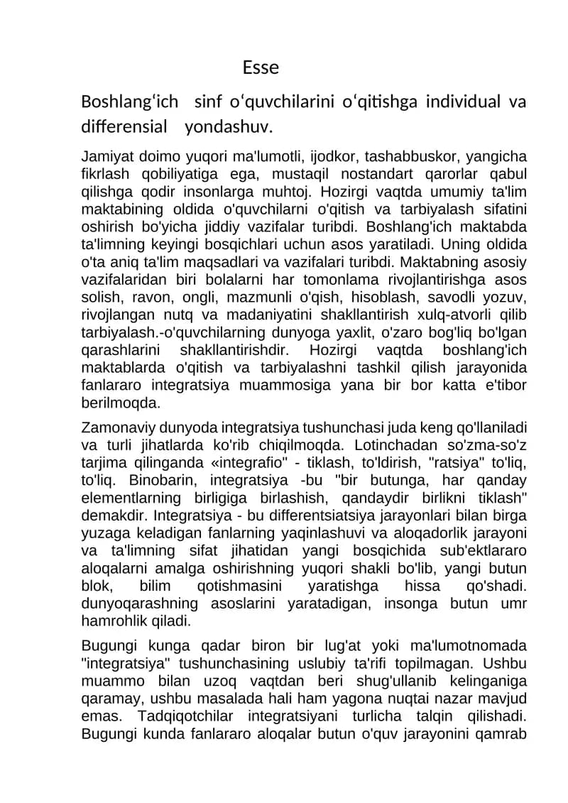 boshlangʻich sinflarda oʻqitishda individual va differensial tizimi