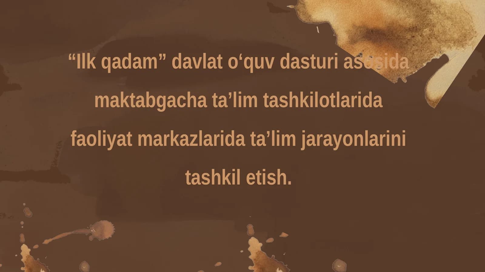 “Ilk qadam” davlat o‘quv dasturi asosida maktabgacha ta’lim tashkilotlarida faoliyat markazlarida ta’lim jarayonlarini tashkil etish.