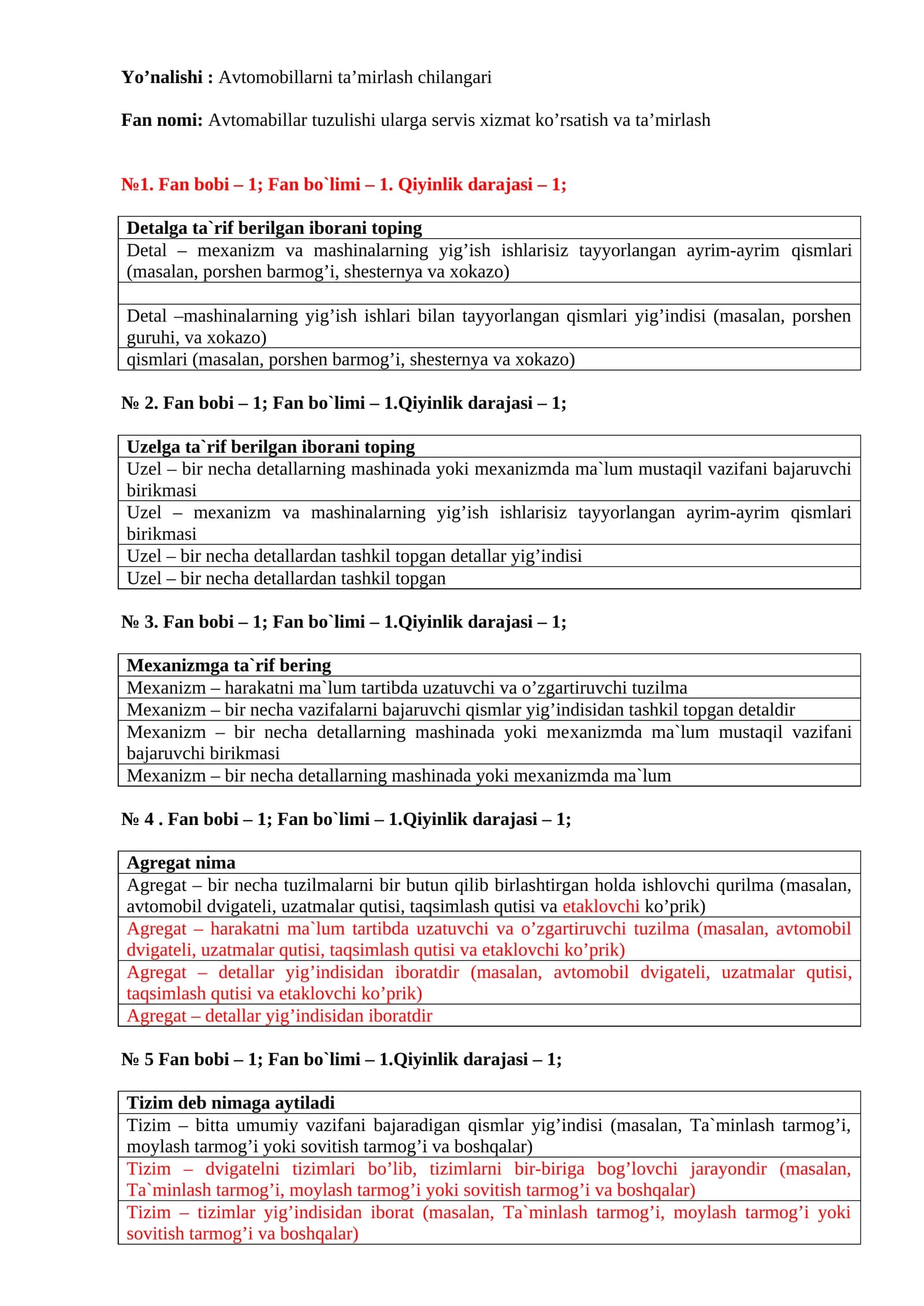 Avtomobillarni tamirlash test