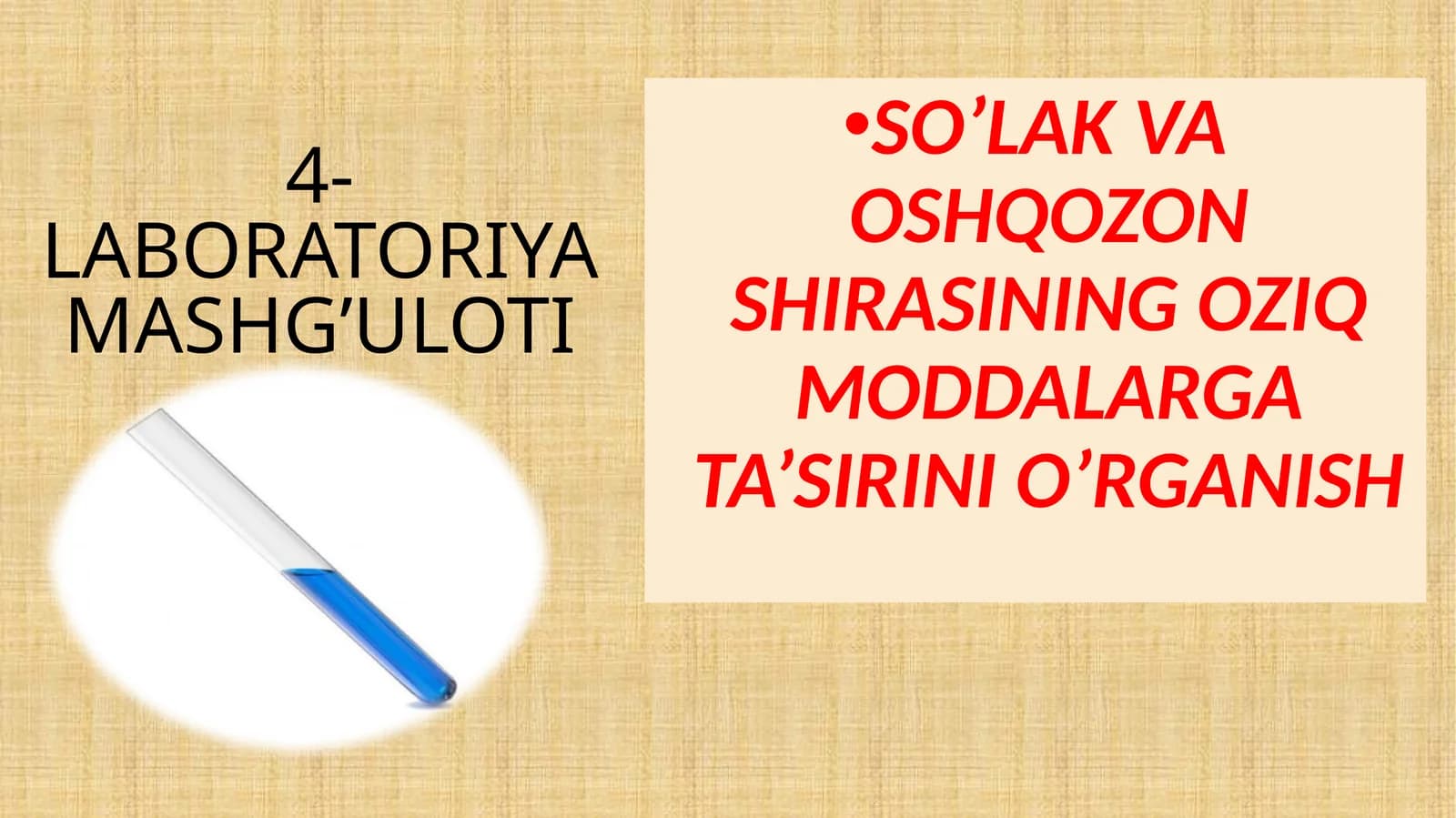 4-LABORATORIYA MASHG’ULOTI So‘lak va oshqozon shirasining oziq moddalarga ta’sirini o‘rganish