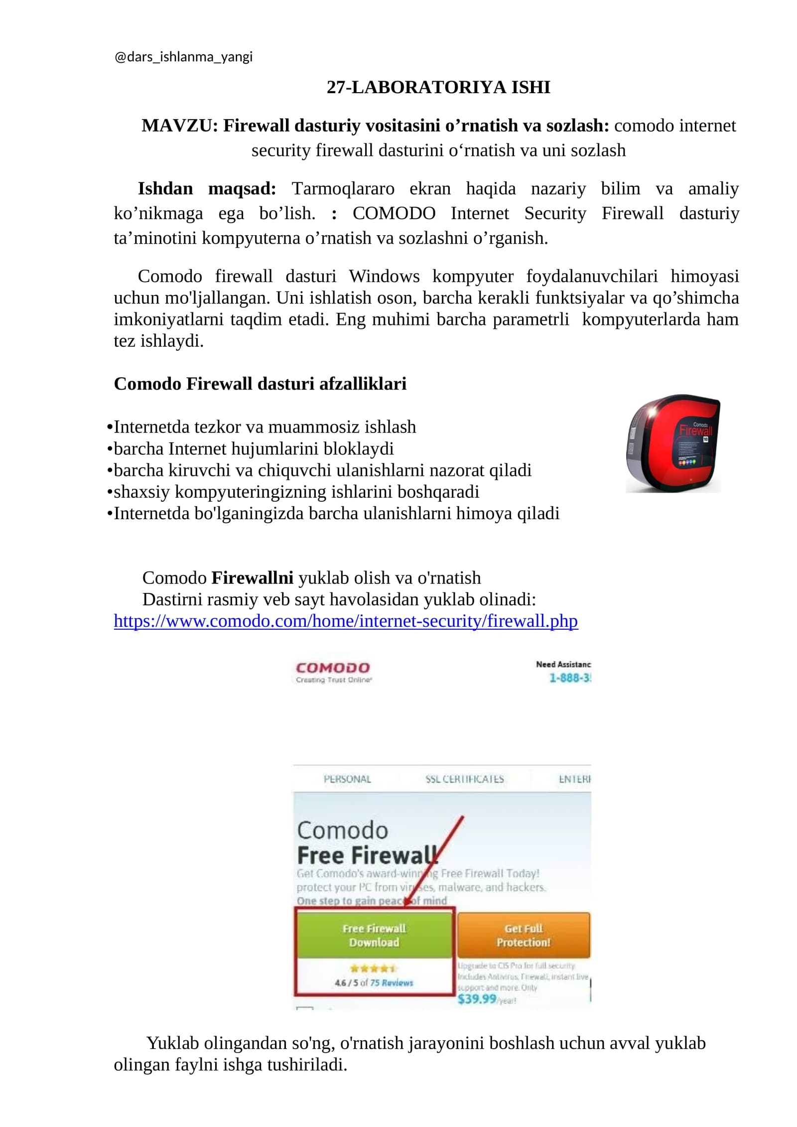 Firewall dasturiy vositasini o’rnatish va sozlash