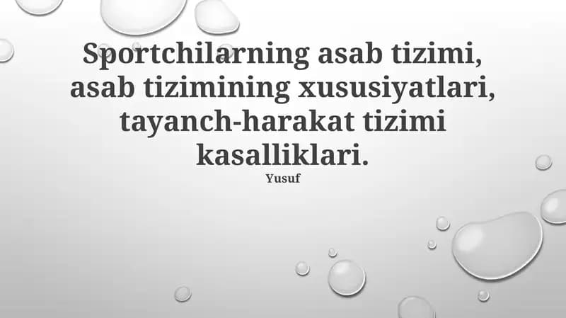 Sportchilarning asab tizimi, asab tizimining xususiyatlari, tayanch-harakat tizimi kasalliklari. Sportchining asab tizimining jarohat va mashg'ulotlarga reaksiyasi murakkab neyroximiyaviy jarayonlarni o'z ichiga oladi