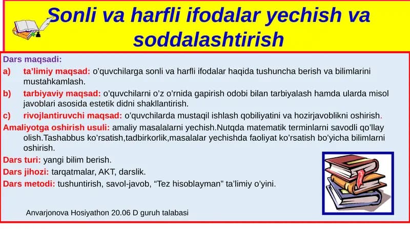 Sonli va harfli ifodalar yechish va soddalashtirish