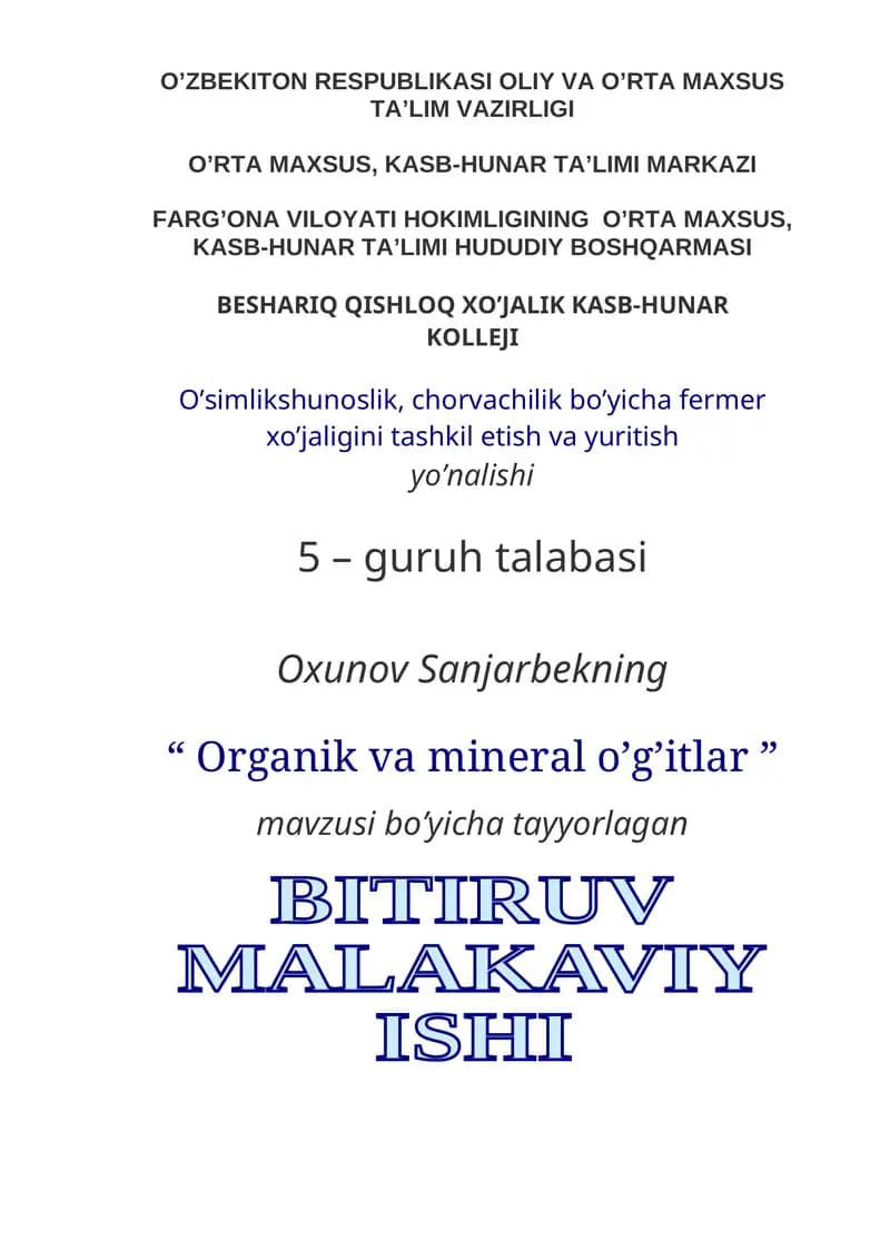Organik va mineral o’g’itlar