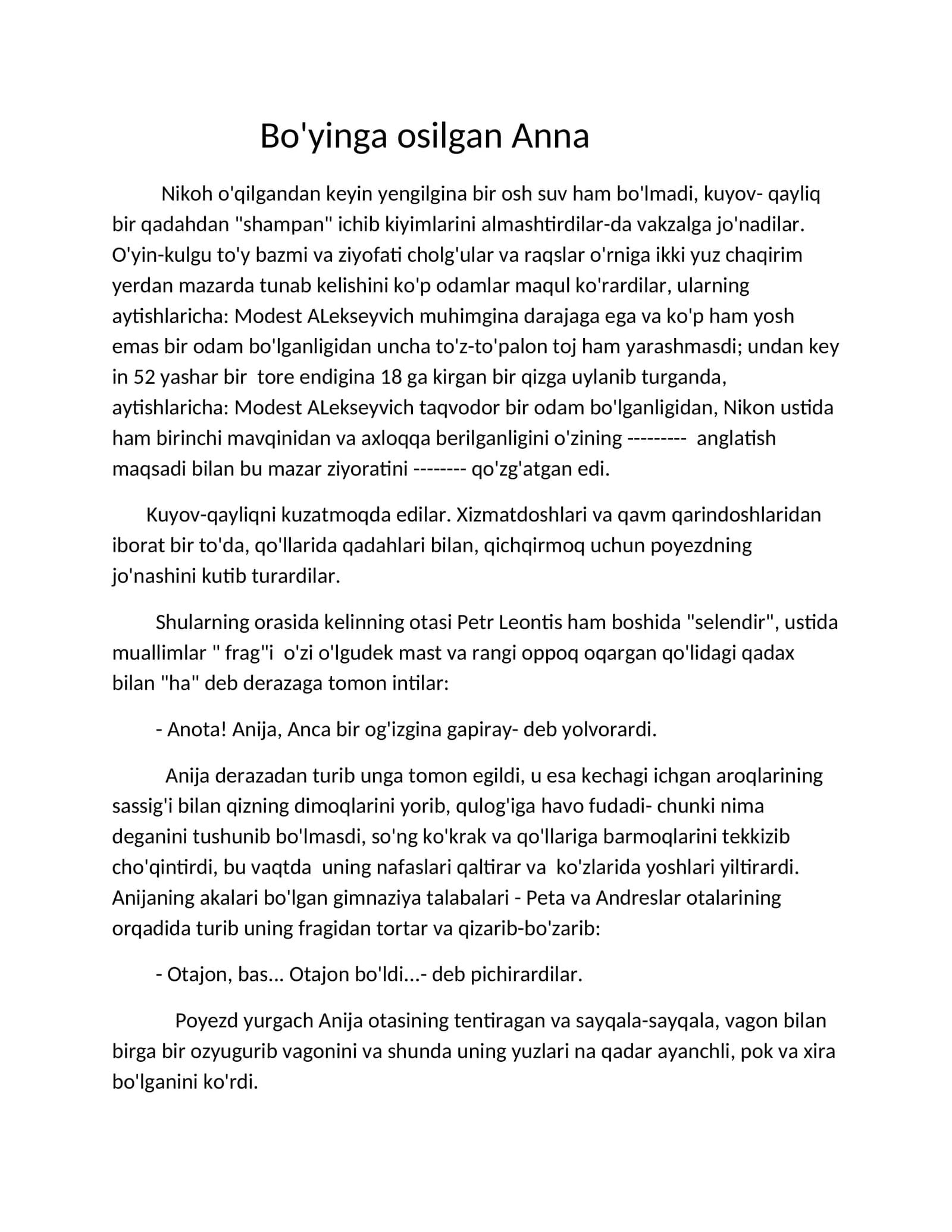 Bo'yinga osilgan Anna. A.P.Chexov asari tahlili