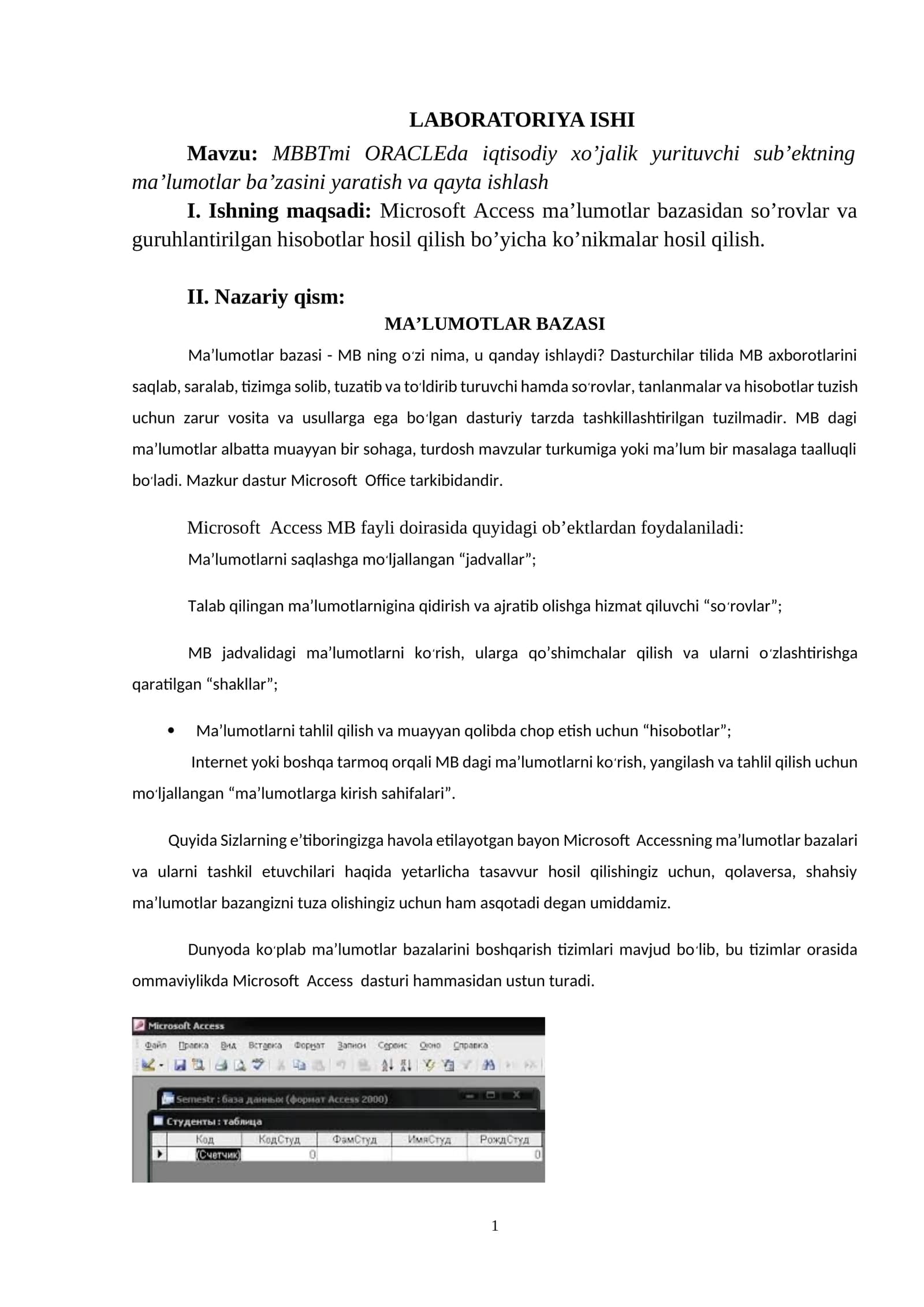 MBBT va Oraclda iqtisodiy xoʻjalik yurituvchi subyektlar maʼlumotlar bazasini yaratish