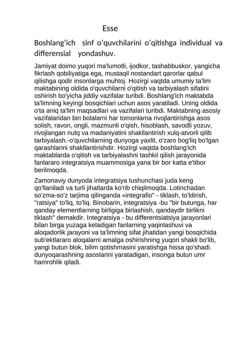 boshlangʻich sinflarni oʻqitishda individual va differensial tizimi