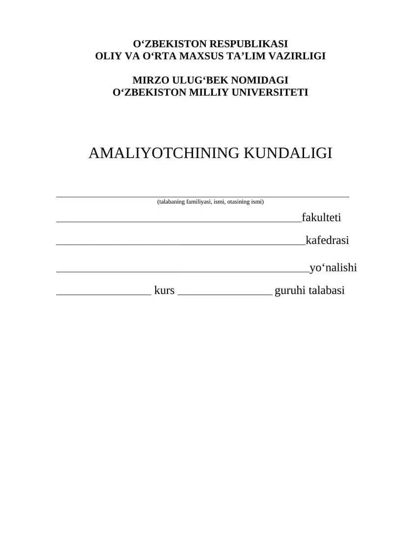 AMALIYOTCHI TALABALARNING AMALIYOT DAVRIDA MA'LUMOTLARNI MUXLAR UCHUN AMALIYOT KUNDALIGI