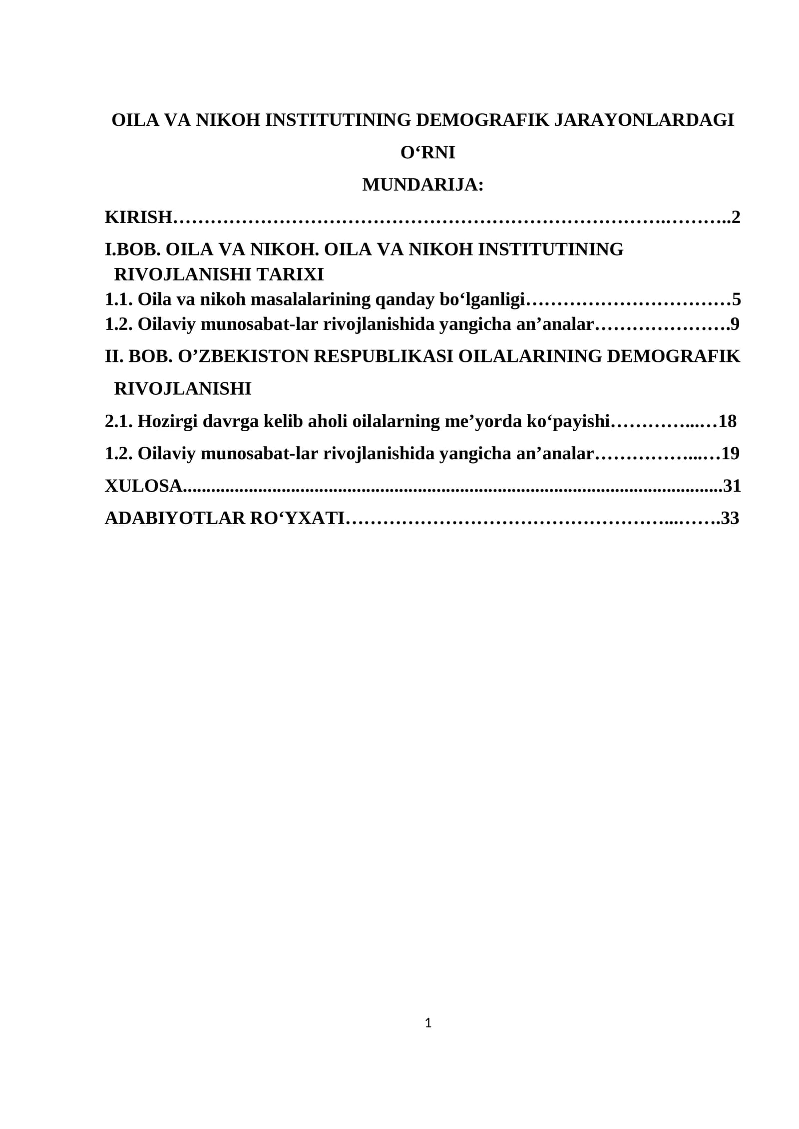 OILA VA NIKOH INSTITUTINING DEMOGRAFIK JARAYONLARDAGI O'RNI