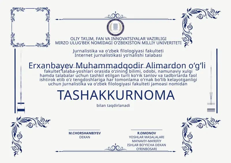 Bayram va tadbirlar uchun tayyor TASHAKKURNOMA blankasi.