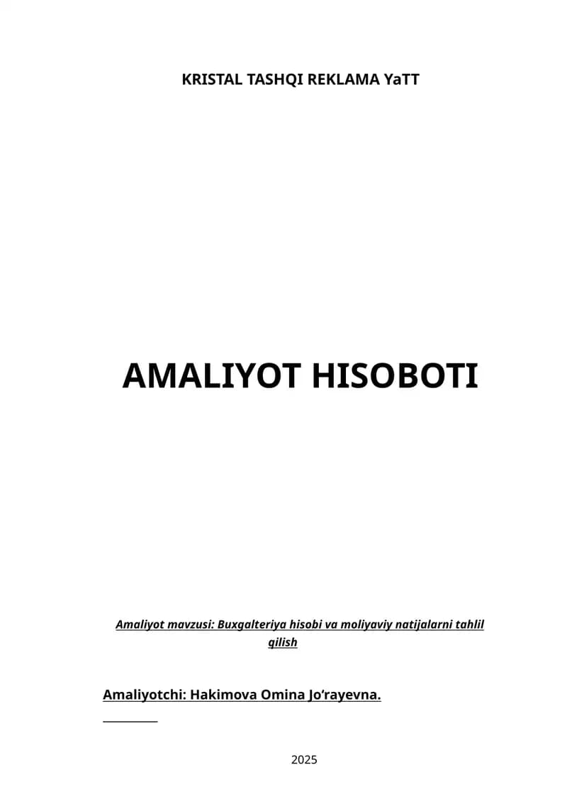Kristall tashqi reklama YTT bir oylik AMALIYOT HISOBOTI