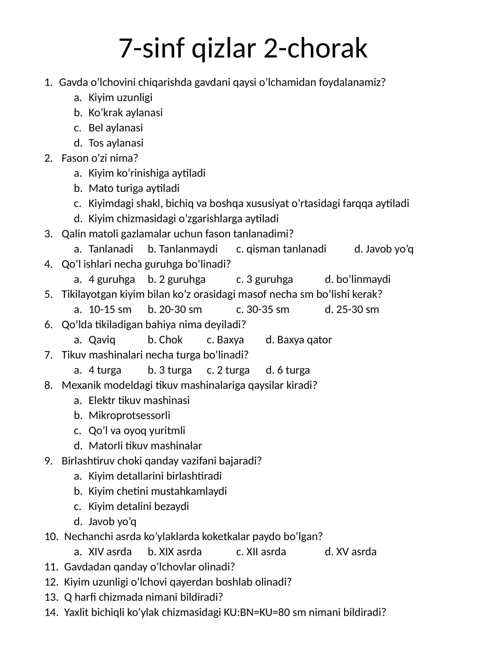 Texnologiya 7-sinf qizlar 2-chorak