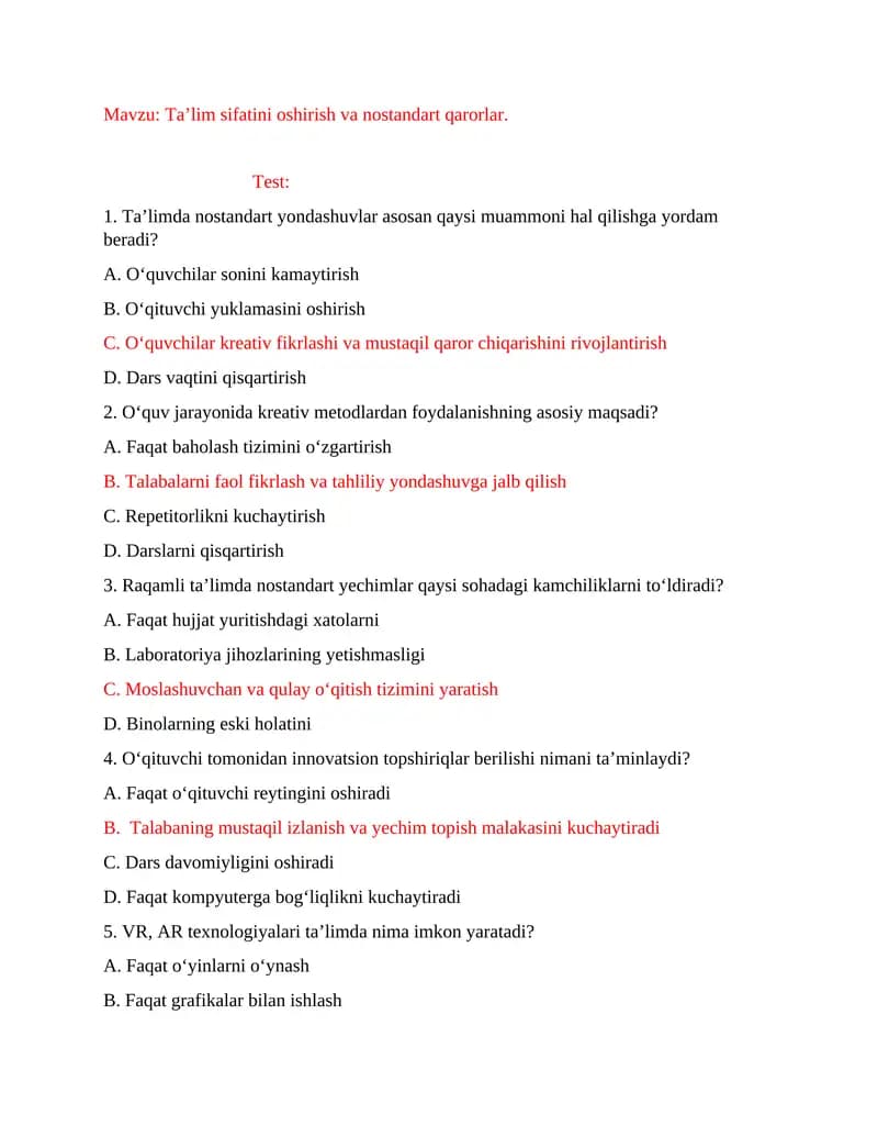 Test   Ta’lim sifatini oshirish va nostandart qarorlar