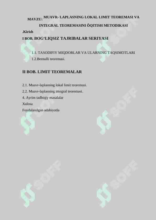 MUAVR- LAPLASNING LOKAL LIMIT TEOREMASI VA INTEGRAL TEOREMASINI ÕQITISH METODIKASI