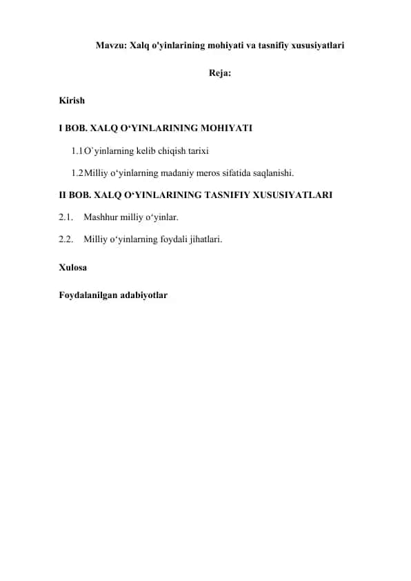Xalq o'yinlarining mohiyati va tasnifiy xususiyatlari