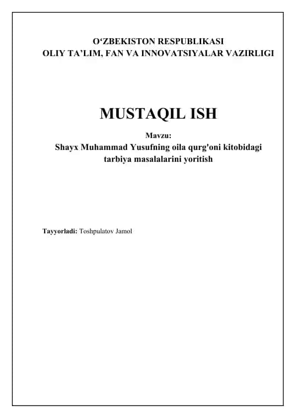 Shayx Muhammad Yusufning oila qurg'oni kitobi