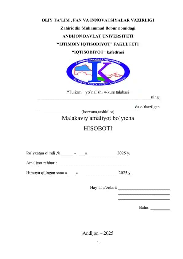 Malakaviy amaliyot bo`yicha hisobot