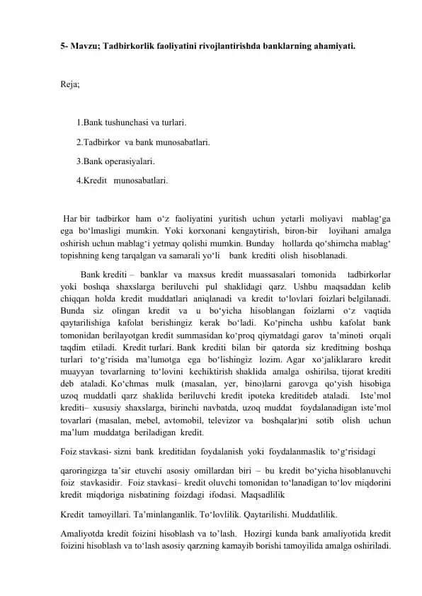 Tadbirkorlik faoliyatini rivojlantirishda banklarning ahamiyati