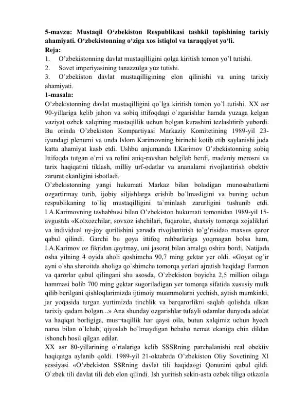O'zbekiston Respublikasi tashkil topishining tarixiy ahamiyati