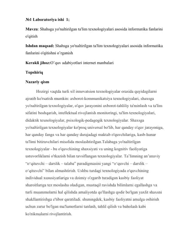 Shahsga yo'naltirilgan ta'lim texnologiyalari asosida informatika fanlarini o'qitish