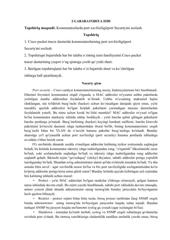 Kommutatorlarda port xavfsizligi(port Securty)ni sozlash