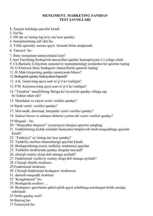 Menejment. Marketing fanidan test savollari
