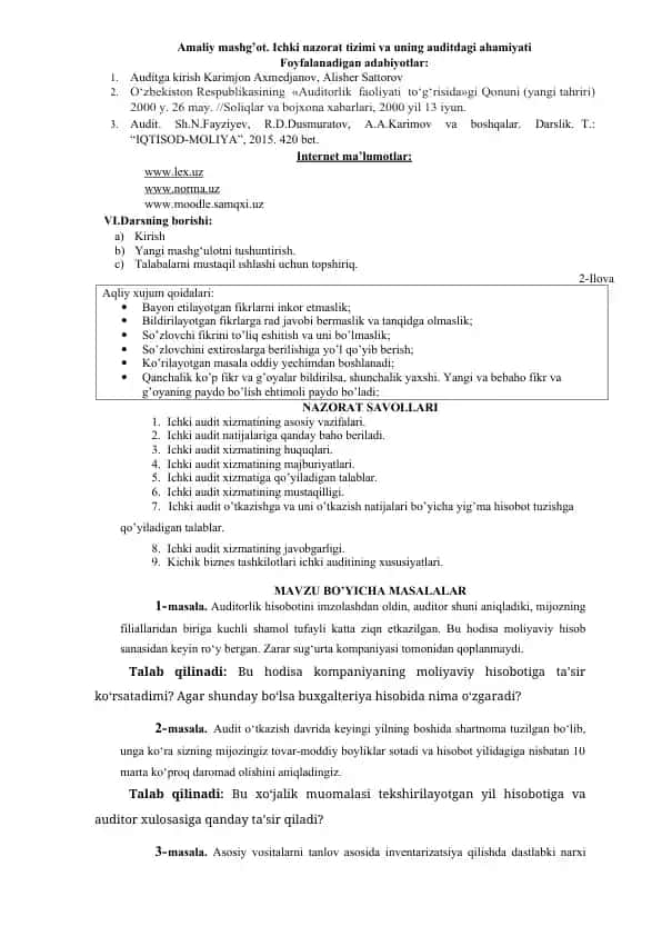 Ichki nazorat tizimi va uning auditdagi ahamiyati