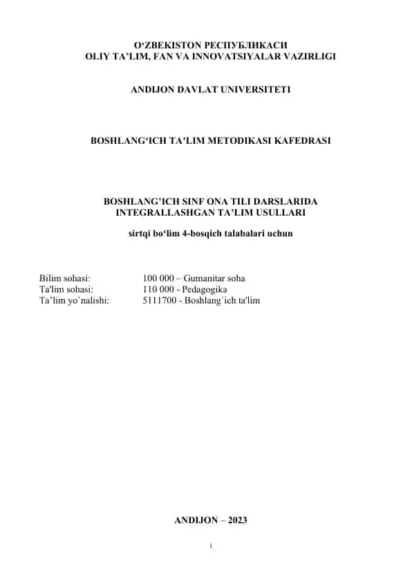 Boshlang'ich sinf ona tili darslarida integrallashgan ta'lim usullari dasturi