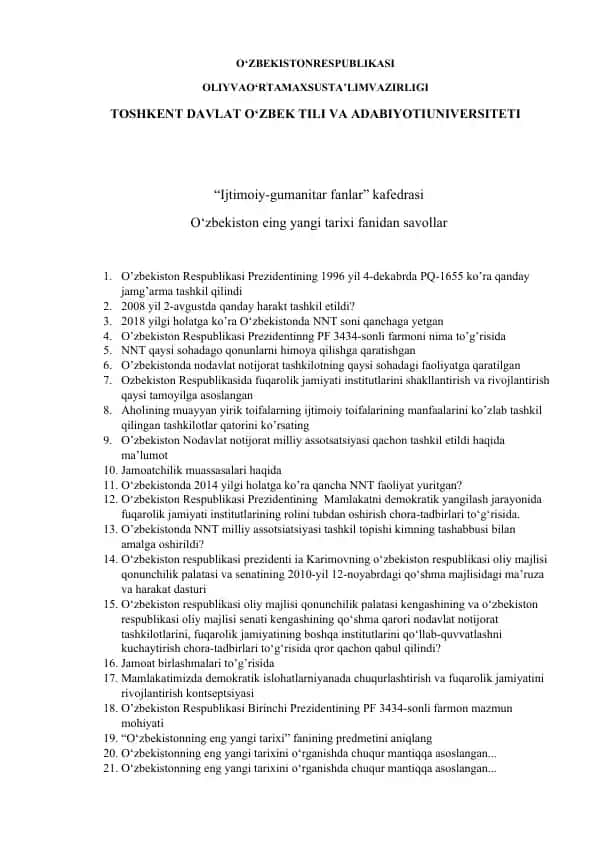 O‘zbekistоn eing yangi tаriхi fanidan savollar
