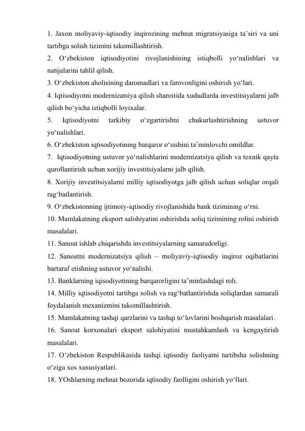Iqtisodiyotning modernizatsiyasi va investitsiyalarni jalb qilish