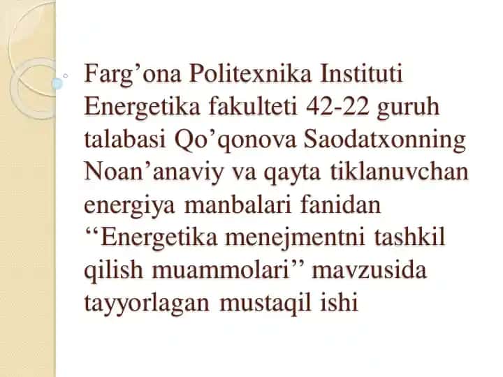 Energetika menejmentini tashkil qilish muammolari
