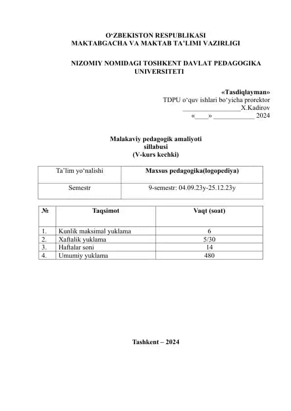 Malakaviy pedagogik amaliyoti sillabusi