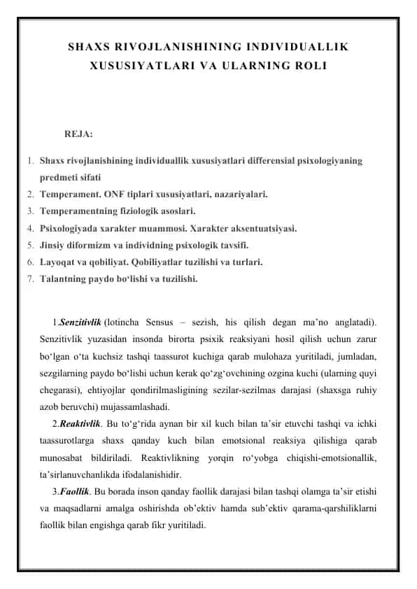 SHAXS RIVOJLANISHINING INDIVIDUALLIK XUSUSIYATLARI VA ULARNING ROLI