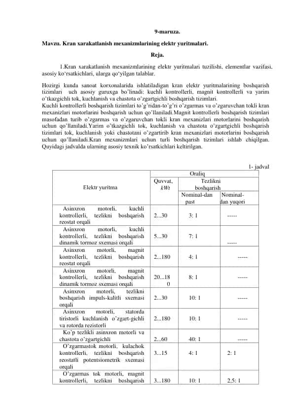 Kran xarakatlanish mexanizmlarining elektr yuritmalari