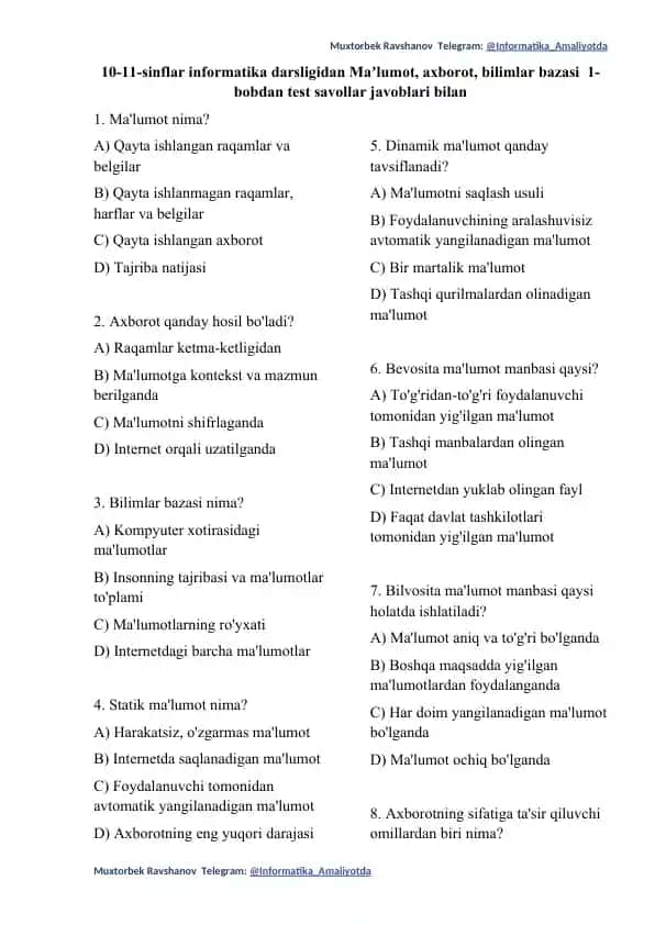 Ma'lumot, axborot, bilimlar bazasi 1-bobdan test savollar javoblari bilan