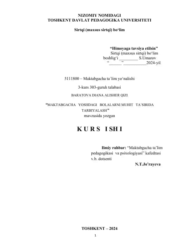 "MAKTABGACHA YOSHDAGI BOLALARNI MUHIT TA’SIRIDA TARBIYALASH"