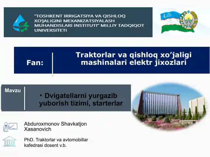 TOSHKENT IRRIGATSIYA VA QISHLOQ XO'JALIGINI MEXANIZATSIYALASH MUHANDISLARI INSTITUTI