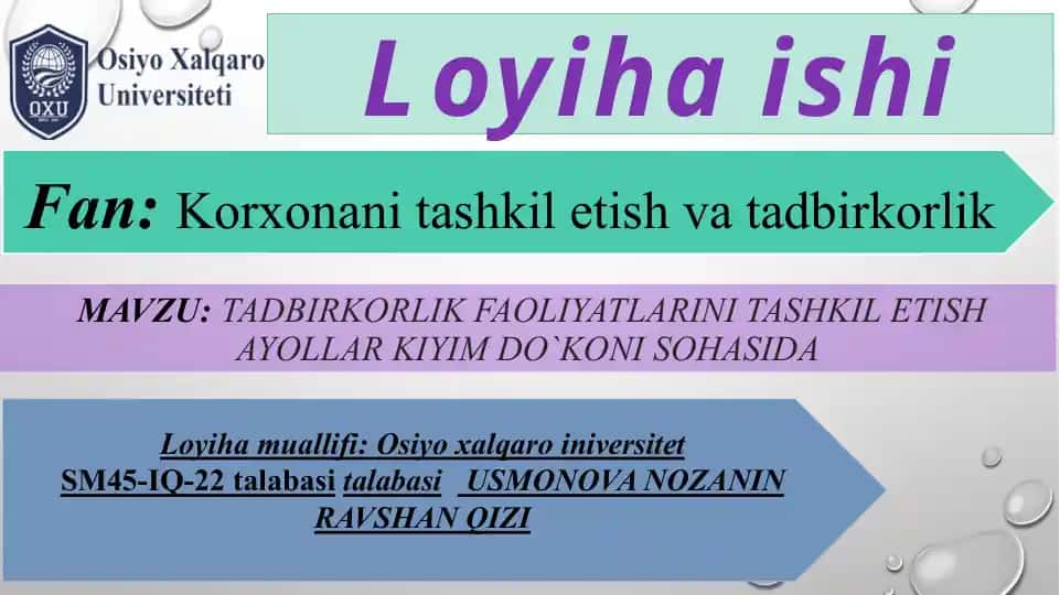 Ayollar kiyim do`koni tadbirkorlik loyihasi
