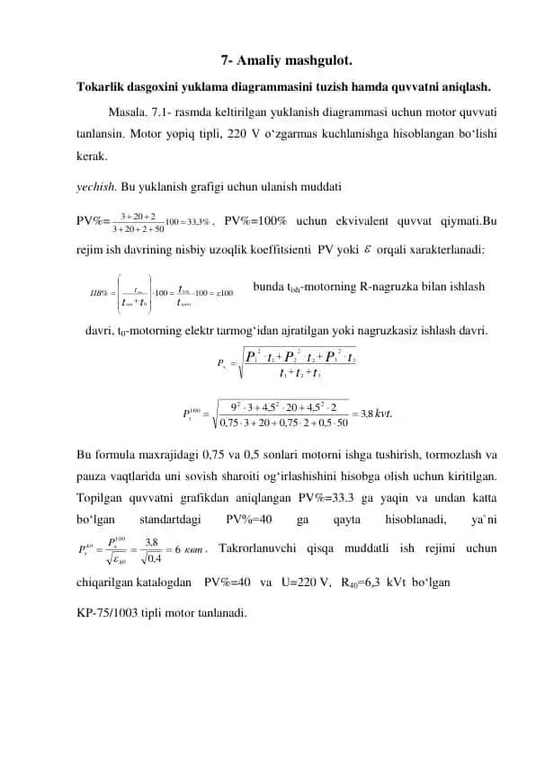 Tokarlik dasgoxini yuklama diagrammasi tuzish va quvvatni aniqlash