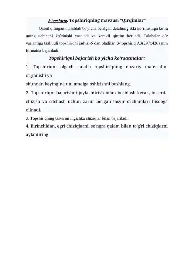 3-topshiriq. Topshiriqning mavzusi “Qirqimlar”
