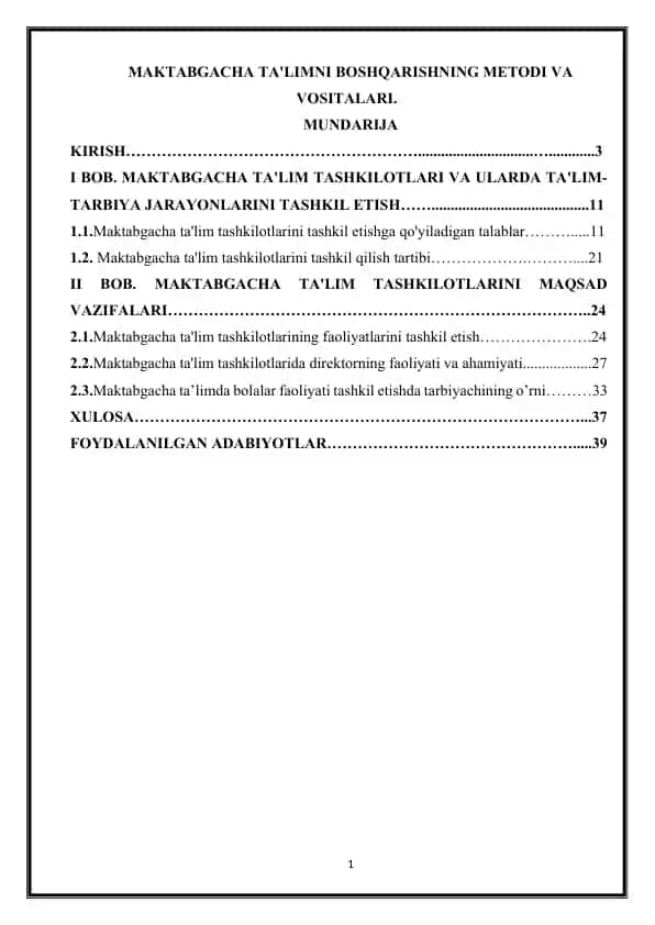 Maktabgacha ta'limni boshqarishning metodi va vositalari