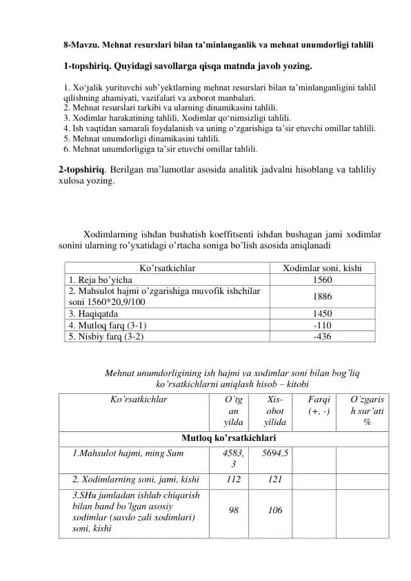 Mehnat Resurslari bilan Ta’minlanganlik va Mehnat Unumdorligi Tahlili