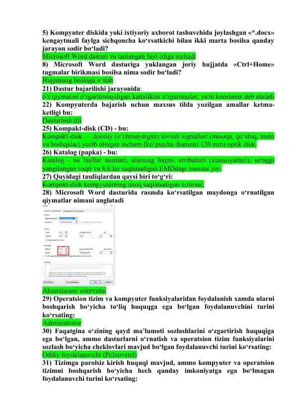 Microsoft Word asosida kompyuterda amallar bajarish bo'yicha savollar va javoblar