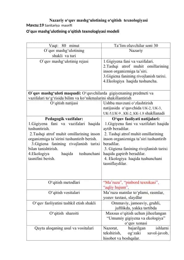 O‘quv mashg‘uloti "Sanitariya maorifi"